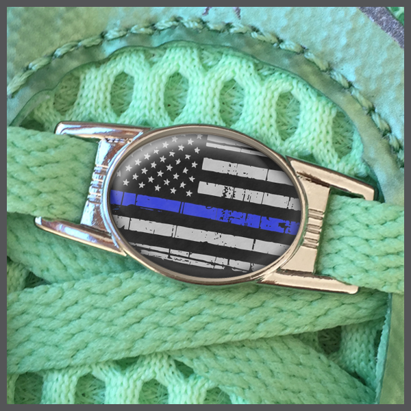Thin Blue Line American Flag Rectangular Shoe Shoelace Tag - Gym Charm